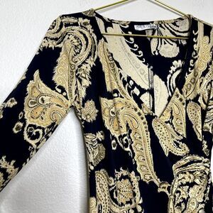 Alyn Paige Dress Small Black Gold Paisley Faux Wrap Classic Old Money Mob Wife